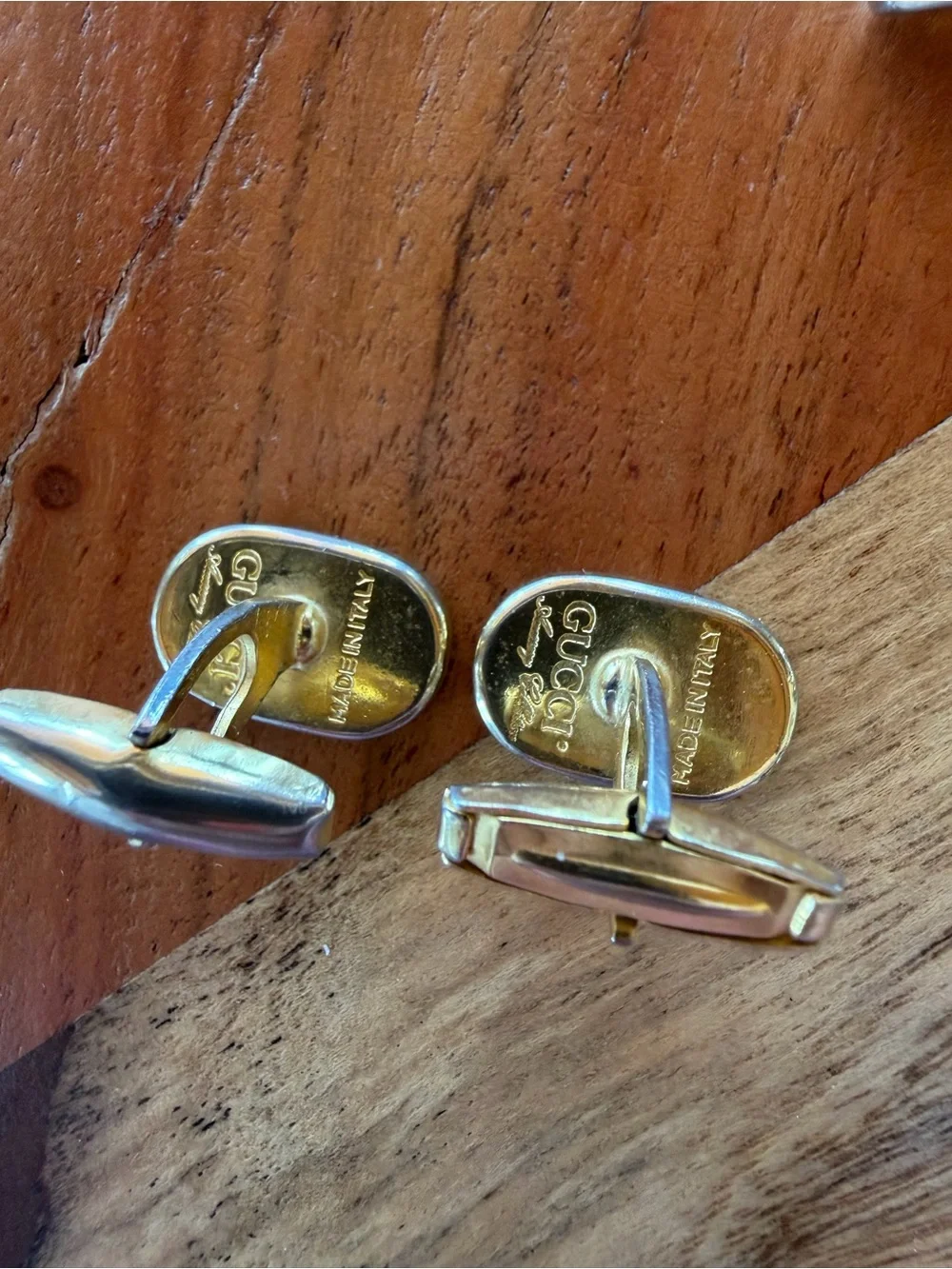 Vintage Gucci Gold and Black Interlocking Double G Oval Cufflinks w tie pin